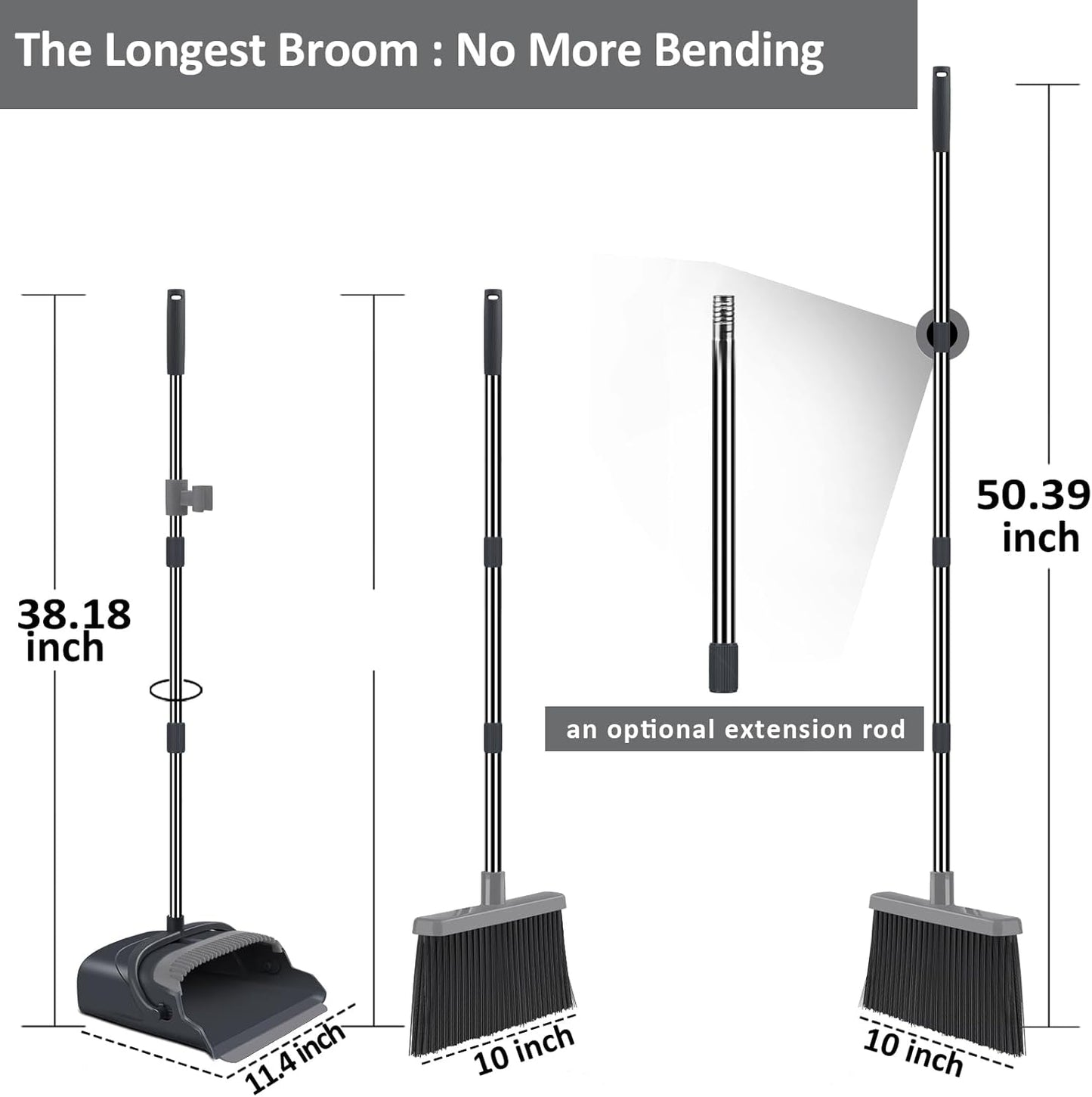 kelamayi Upgrade Broom and Dustpan Set, Self-Cleaning with Dustpan Teeth, Indoor&Outdoor Sweeping, Ideal for Dog Cat Pets Home Use, Stand Up Broom and Dustpan (Gray&Orange)