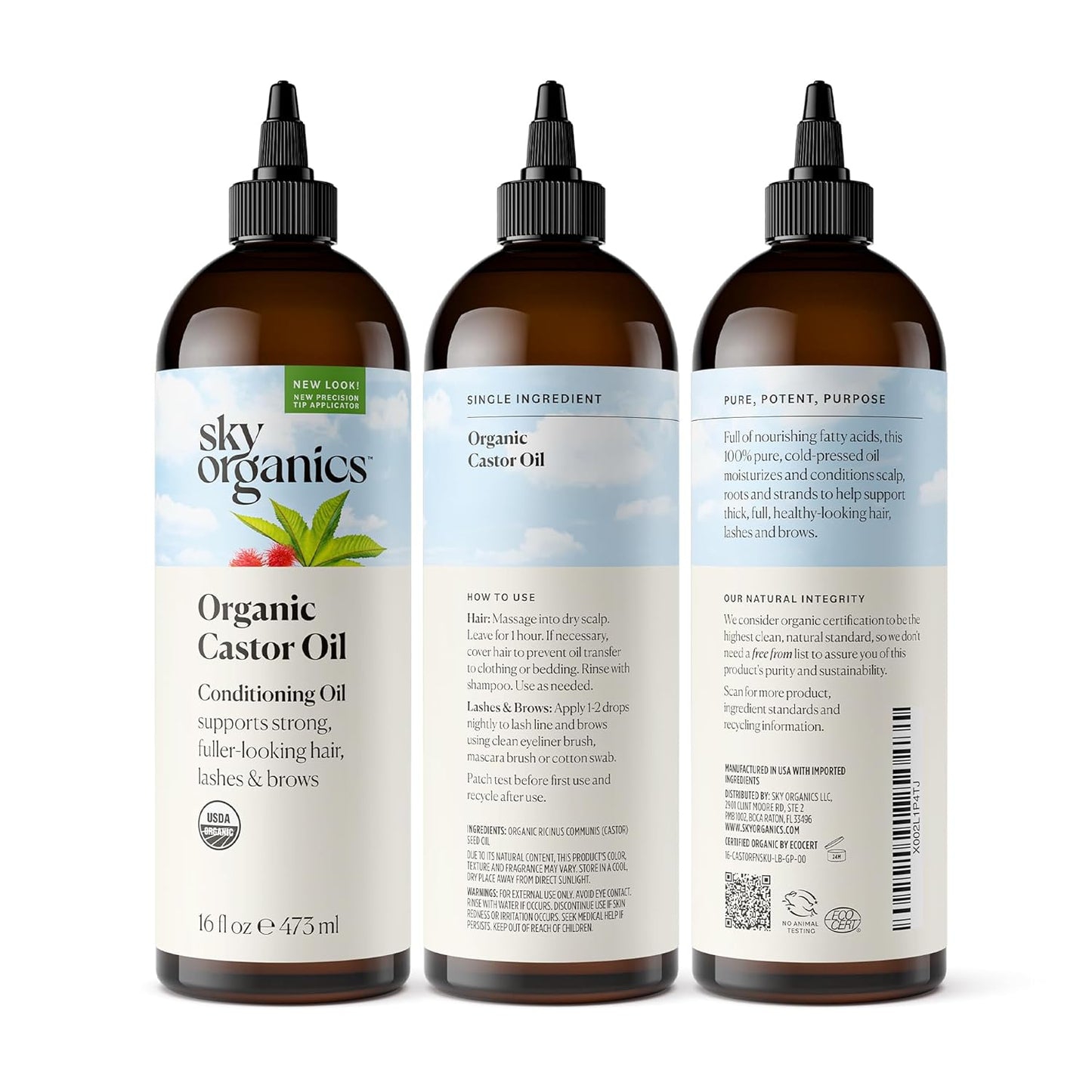 Sky Organics Organic Castor Oil, 100% Pure, Hexane Free, Cold-Pressed to Support Stronger, Fuller-Looking Hair, Eyelashes & Eyebrows,Good for Castor Packs, Navel Oiling, Carrier Oil Use, 16 fl oz