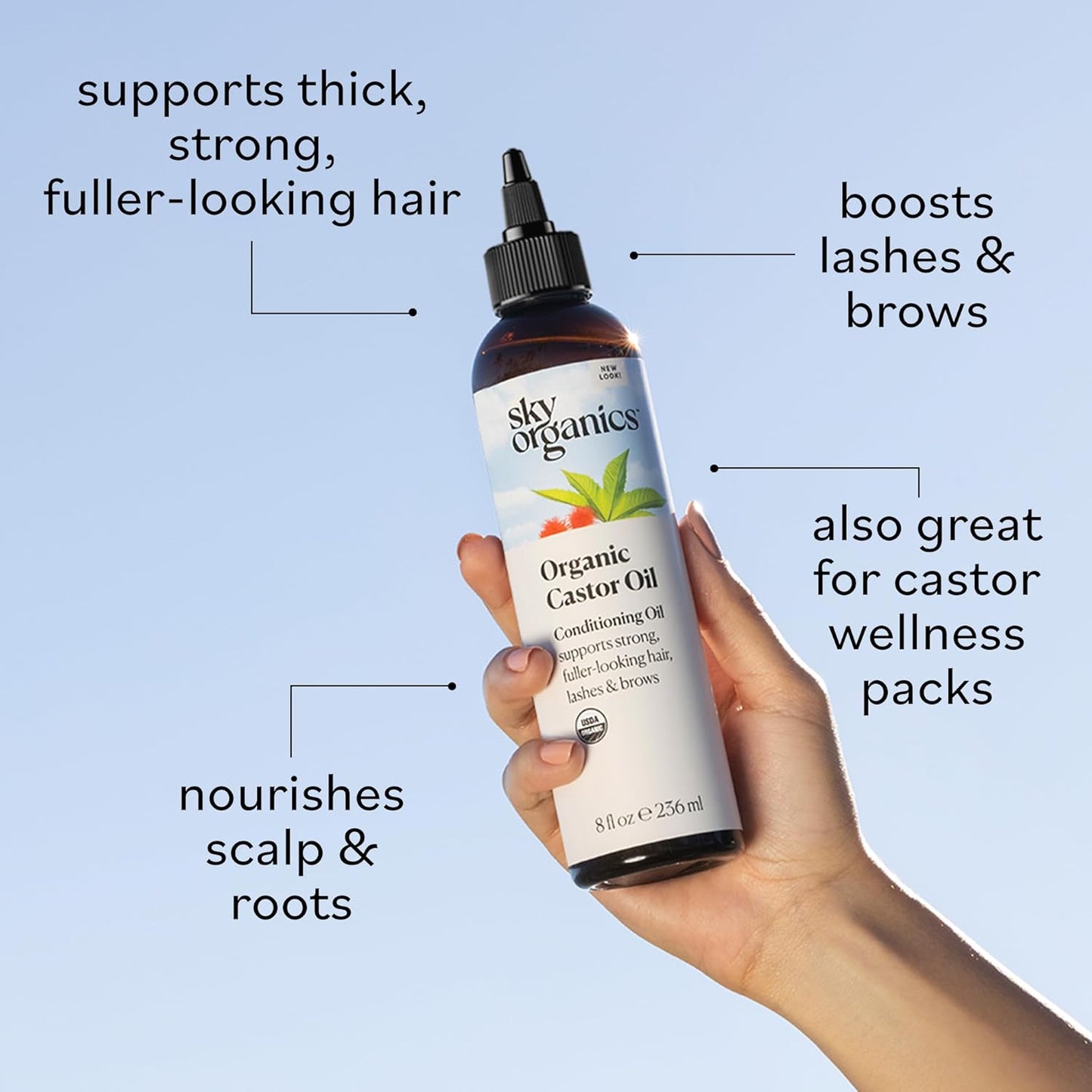 Sky Organics Organic Castor Oil, 100% Pure, Hexane Free, Cold-Pressed to Support Stronger, Fuller-Looking Hair, Eyelashes & Eyebrows,Good for Castor Packs, Navel Oiling, Carrier Oil Use, 16 fl oz