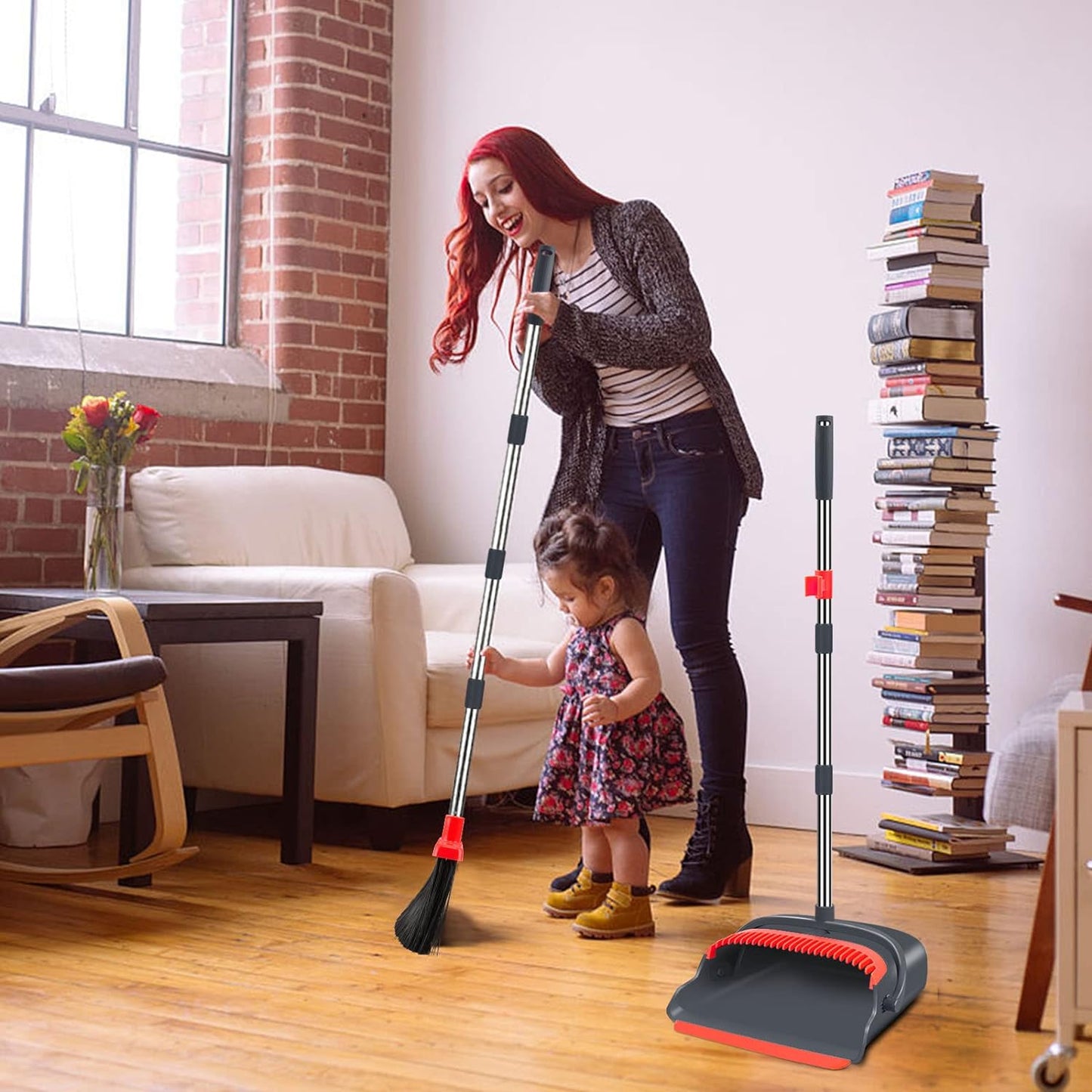 kelamayi Upgrade Broom and Dustpan Set, Self-Cleaning with Dustpan Teeth, Indoor&Outdoor Sweeping, Ideal for Dog Cat Pets Home Use, Stand Up Broom and Dustpan (Gray&Orange)