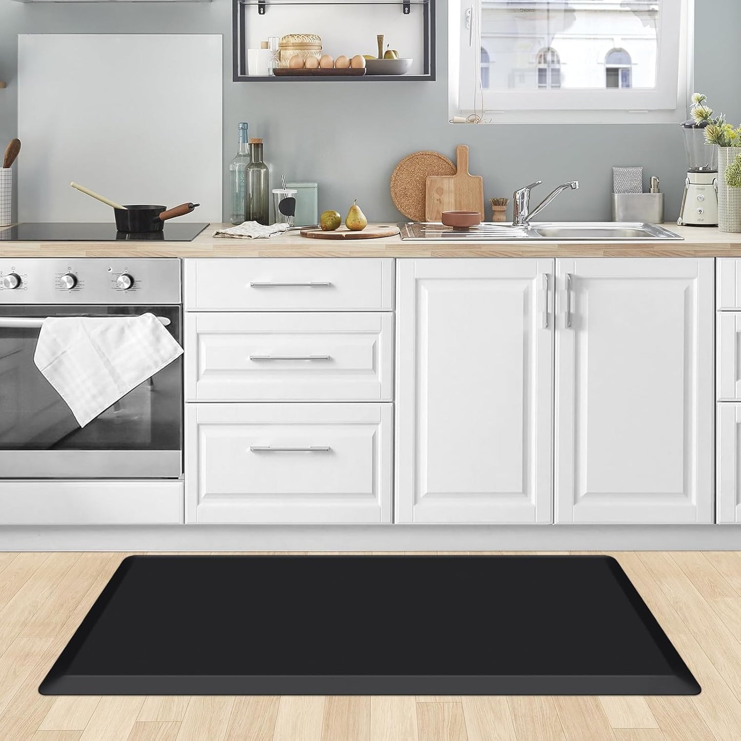 KitchenClouds Kitchen Mat Cushioned Anti Fatigue Rug 17.3"x28" Waterproof, Non Slip, Standing and Comfort Desk/Floor Mats for House Sink Office (Black)