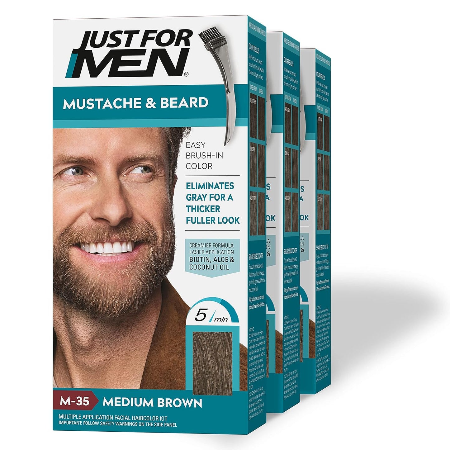 Just For Men Mustache & Beard, Beard Dye for Men with Brush Included for Easy Application, With Biotin Aloe and Coconut Oil for Healthy Facial Hair - Medium Brown, M-35, Pack of 1