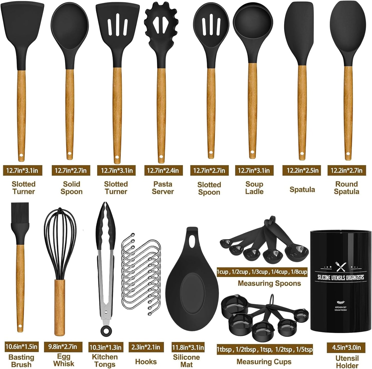 Umite Chef Kitchen Cooking Utensils Set, 33 pcs Non-Stick Silicone Cooking Kitchen Utensils Spatula Set with Holder, Wooden Handle Silicone Kitchen Gadgets Utensil Set (Khaki)