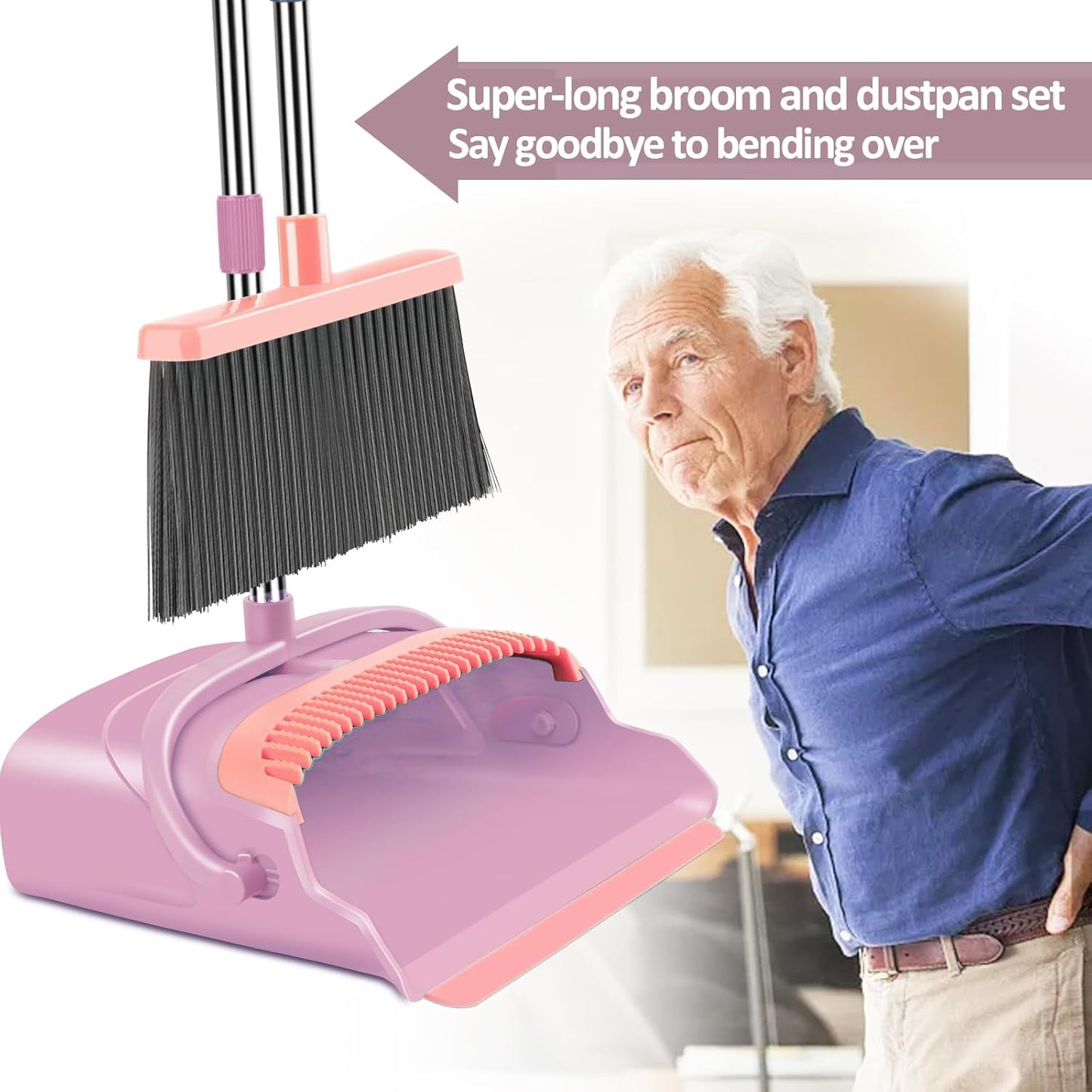 kelamayi Upgrade Broom and Dustpan Set, Self-Cleaning with Dustpan Teeth, Indoor&Outdoor Sweeping, Ideal for Dog Cat Pets Home Use, Stand Up Broom and Dustpan (Gray&Orange)
