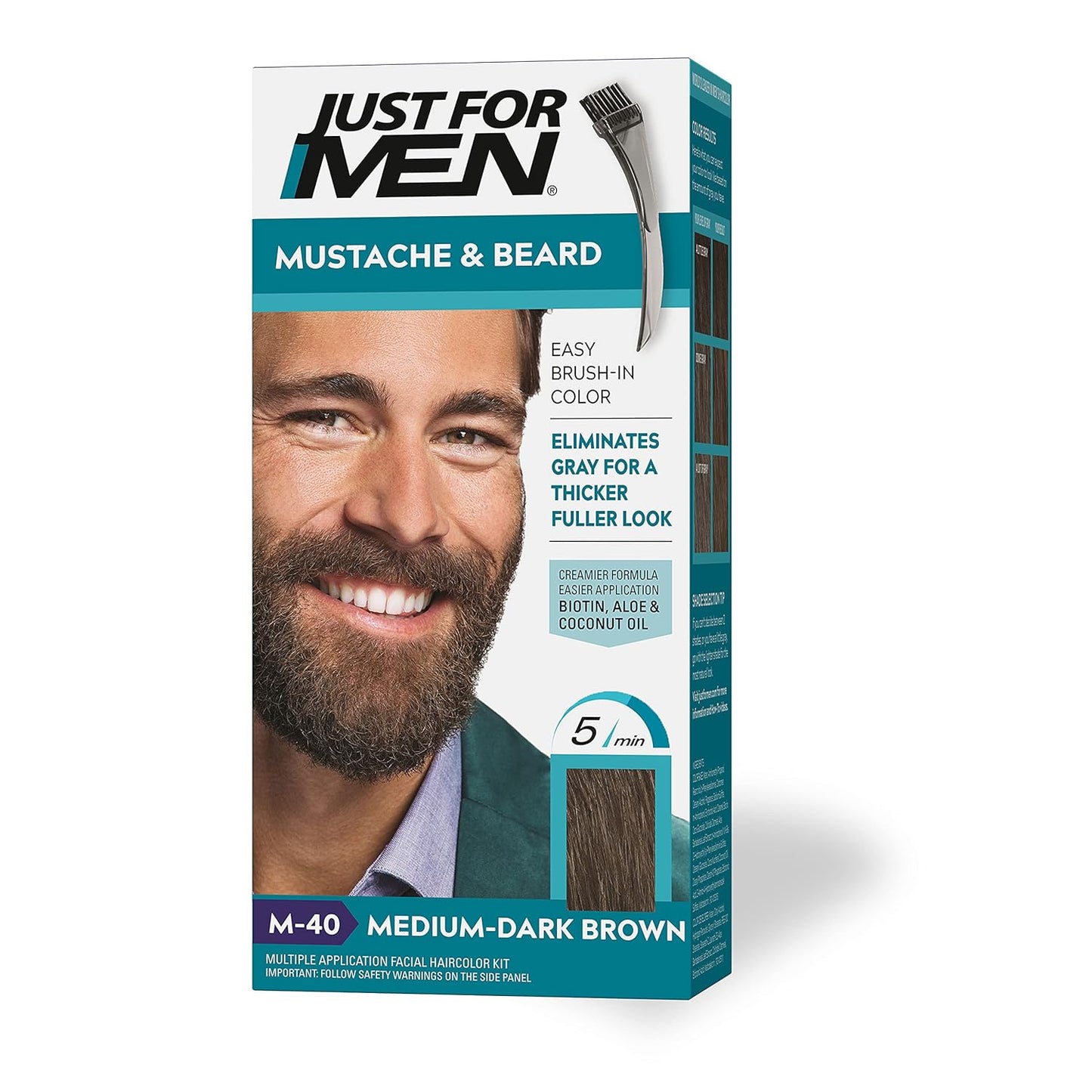 Just For Men Mustache & Beard, Beard Dye for Men with Brush Included for Easy Application, With Biotin Aloe and Coconut Oil for Healthy Facial Hair - Medium Brown, M-35, Pack of 1