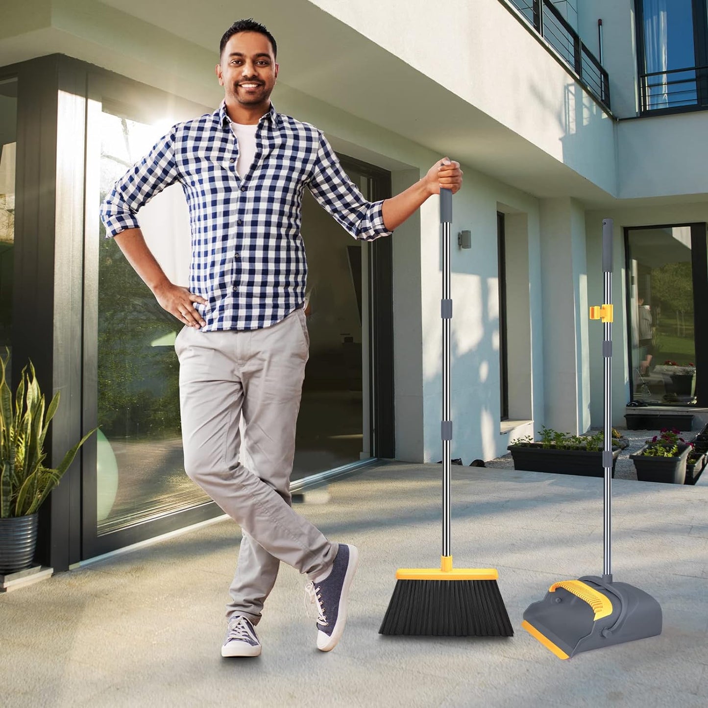 kelamayi Upgrade Broom and Dustpan Set, Self-Cleaning with Dustpan Teeth, Indoor&Outdoor Sweeping, Ideal for Dog Cat Pets Home Use, Stand Up Broom and Dustpan (Gray&Orange)