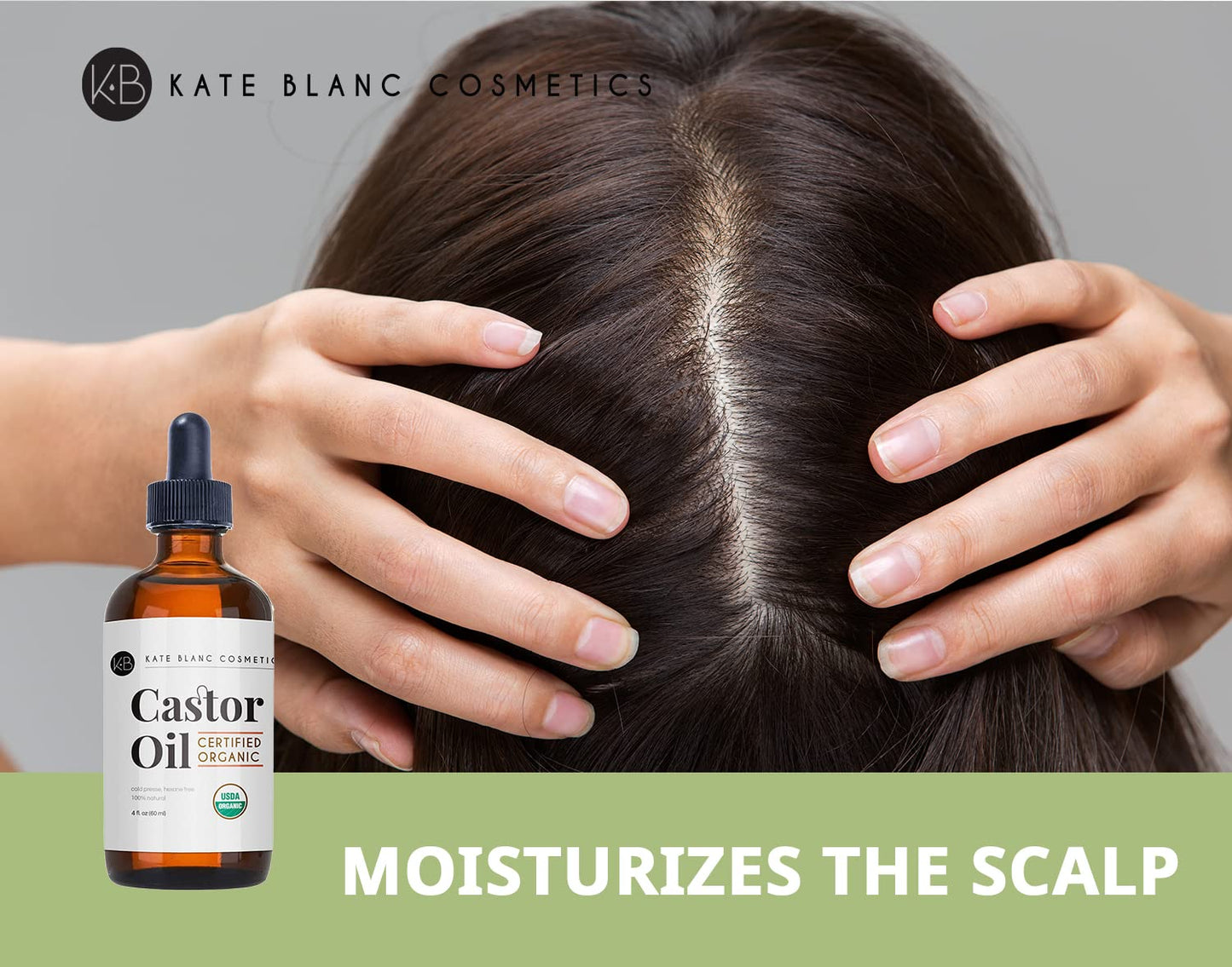 Kate Blanc Cosmetics Castor Oil Organic (2oz), 100% Pure, Cold Pressed, Hexane Free. Stimulate Growth for Hair, Eyelashes, Eyebrows. Hair Treatment Starter Kit & Skin Moisturizer