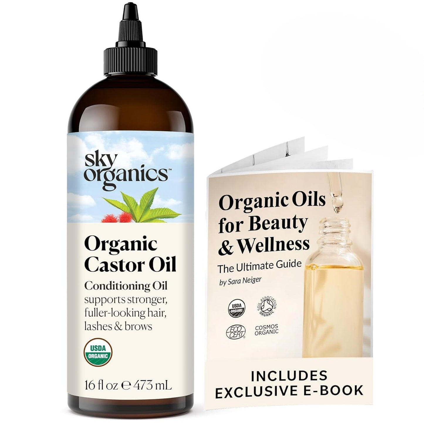 Sky Organics Organic Castor Oil, 100% Pure, Hexane Free, Cold-Pressed to Support Stronger, Fuller-Looking Hair, Eyelashes & Eyebrows,Good for Castor Packs, Navel Oiling, Carrier Oil Use, 16 fl oz