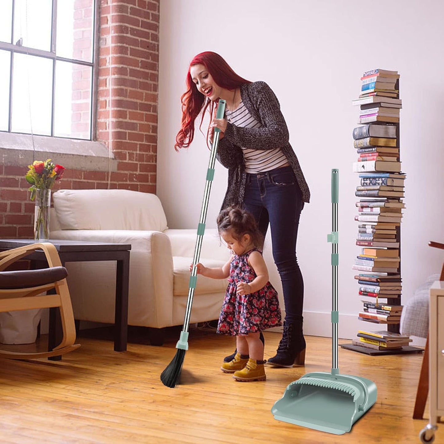 kelamayi Upgrade Broom and Dustpan Set, Self-Cleaning with Dustpan Teeth, Indoor&Outdoor Sweeping, Ideal for Dog Cat Pets Home Use, Stand Up Broom and Dustpan (Gray&Orange)
