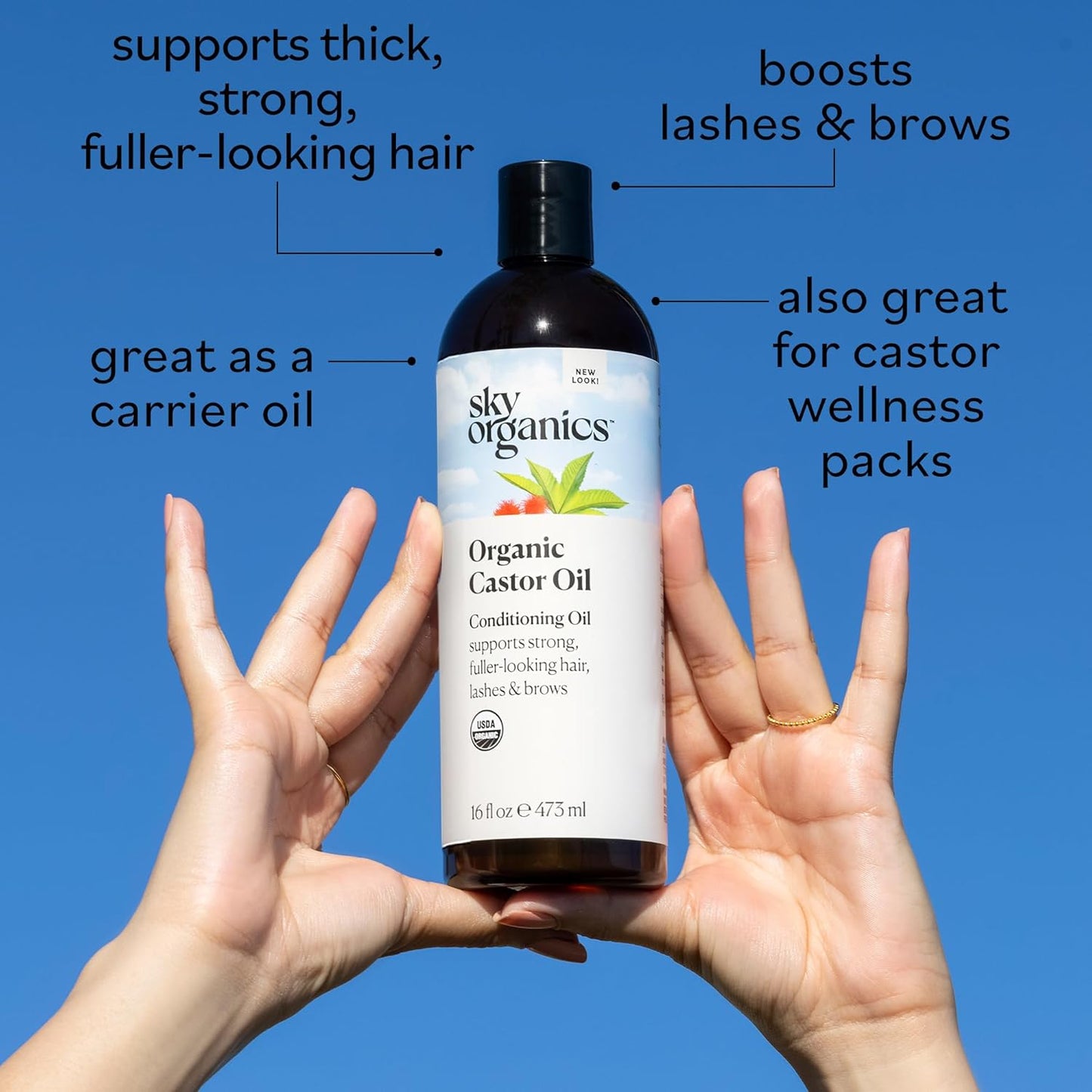 Sky Organics Organic Castor Oil, 100% Pure, Hexane Free, Cold-Pressed to Support Stronger, Fuller-Looking Hair, Eyelashes & Eyebrows,Good for Castor Packs, Navel Oiling, Carrier Oil Use, 16 fl oz