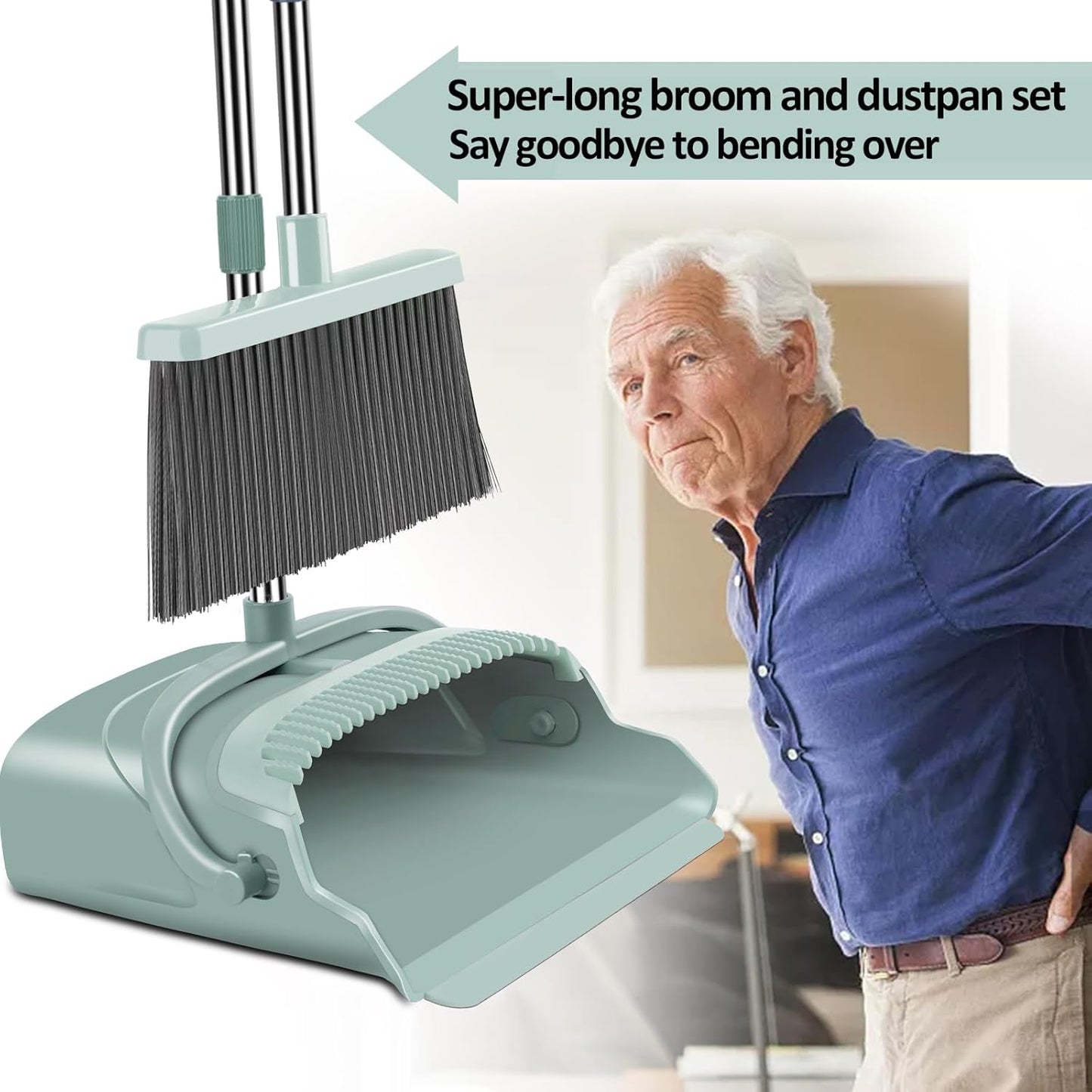 kelamayi Upgrade Broom and Dustpan Set, Self-Cleaning with Dustpan Teeth, Indoor&Outdoor Sweeping, Ideal for Dog Cat Pets Home Use, Stand Up Broom and Dustpan (Gray&Orange)