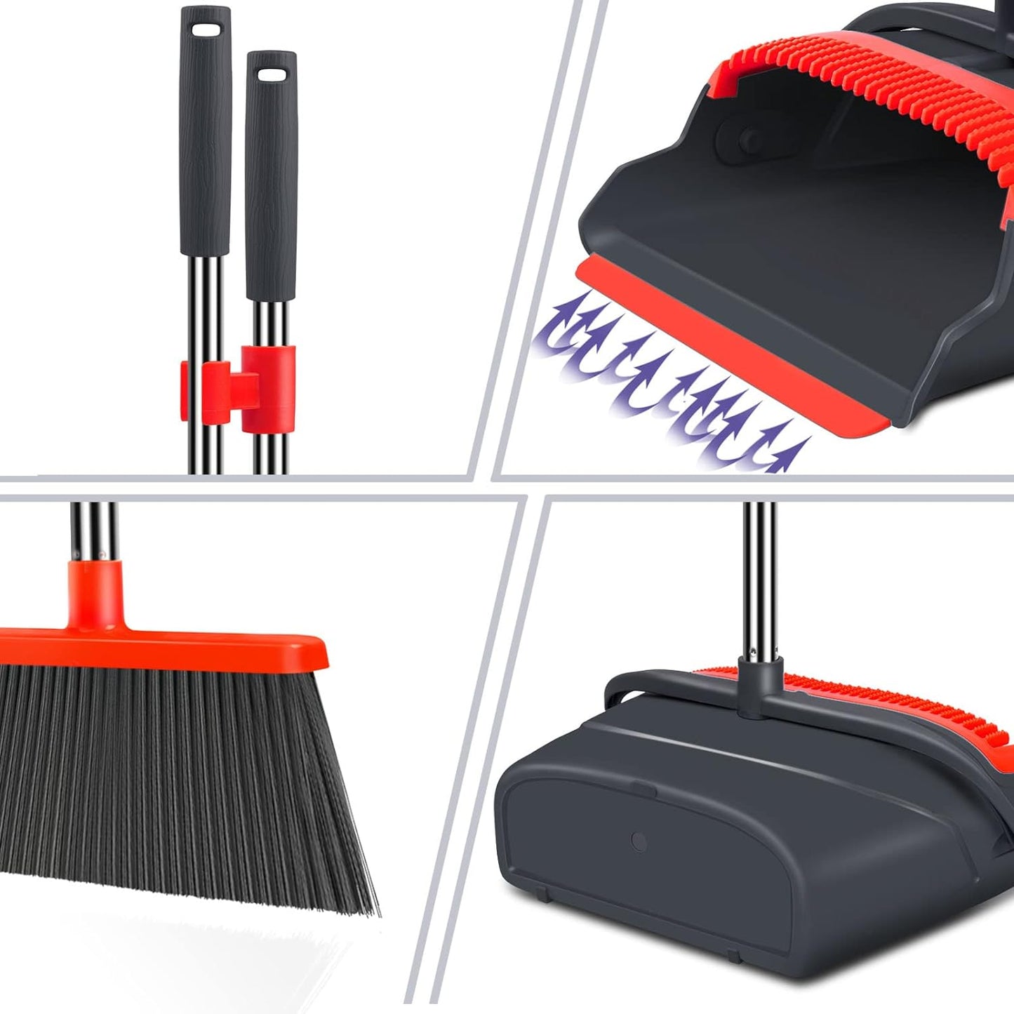 kelamayi Upgrade Broom and Dustpan Set, Self-Cleaning with Dustpan Teeth, Indoor&Outdoor Sweeping, Ideal for Dog Cat Pets Home Use, Stand Up Broom and Dustpan (Gray&Orange)