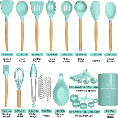 Umite Chef Kitchen Cooking Utensils Set, 33 pcs Non-Stick Silicone Cooking Kitchen Utensils Spatula Set with Holder, Wooden Handle Silicone Kitchen Gadgets Utensil Set (Khaki)