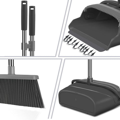 kelamayi Upgrade Broom and Dustpan Set, Self-Cleaning with Dustpan Teeth, Indoor&Outdoor Sweeping, Ideal for Dog Cat Pets Home Use, Stand Up Broom and Dustpan (Gray&Orange)