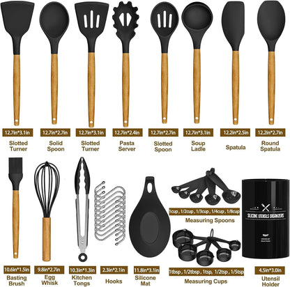 Umite Chef Kitchen Cooking Utensils Set, 33 pcs Non-Stick Silicone Cooking Kitchen Utensils Spatula Set with Holder, Wooden Handle Silicone Kitchen Gadgets Utensil Set (Khaki)