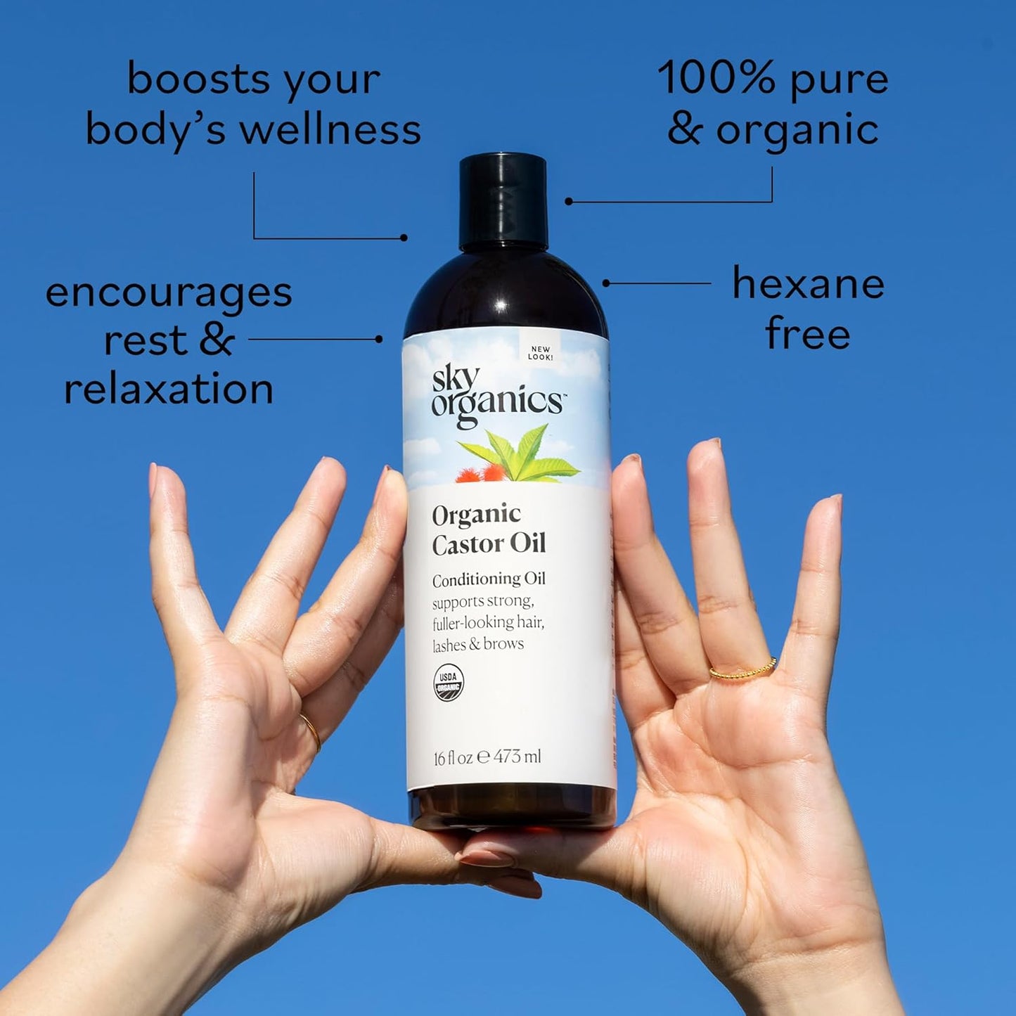 Sky Organics Organic Castor Oil, 100% Pure, Hexane Free, Cold-Pressed to Support Stronger, Fuller-Looking Hair, Eyelashes & Eyebrows,Good for Castor Packs, Navel Oiling, Carrier Oil Use, 16 fl oz