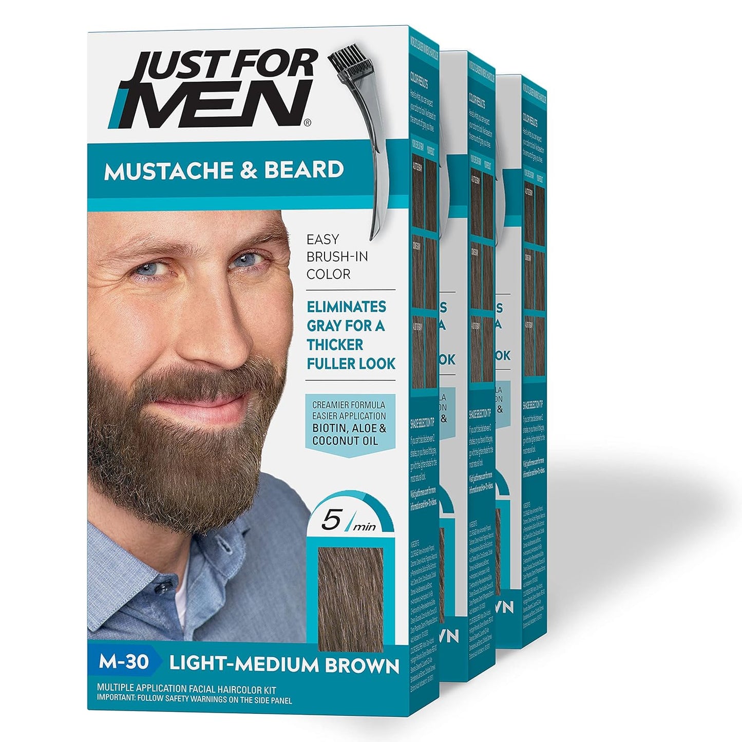Just For Men Mustache & Beard, Beard Dye for Men with Brush Included for Easy Application, With Biotin Aloe and Coconut Oil for Healthy Facial Hair - Medium Brown, M-35, Pack of 1