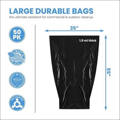 ToughBag 55 Gallon Trash Bags, 55-60 Gallon Trash Bags Heavy Duty (50 COUNT) - Large Black Trash Bags, 50-60 Gallon Garbage Bags for Contractors, Commercial, and Lawn, 35 x 55" - Made in USA