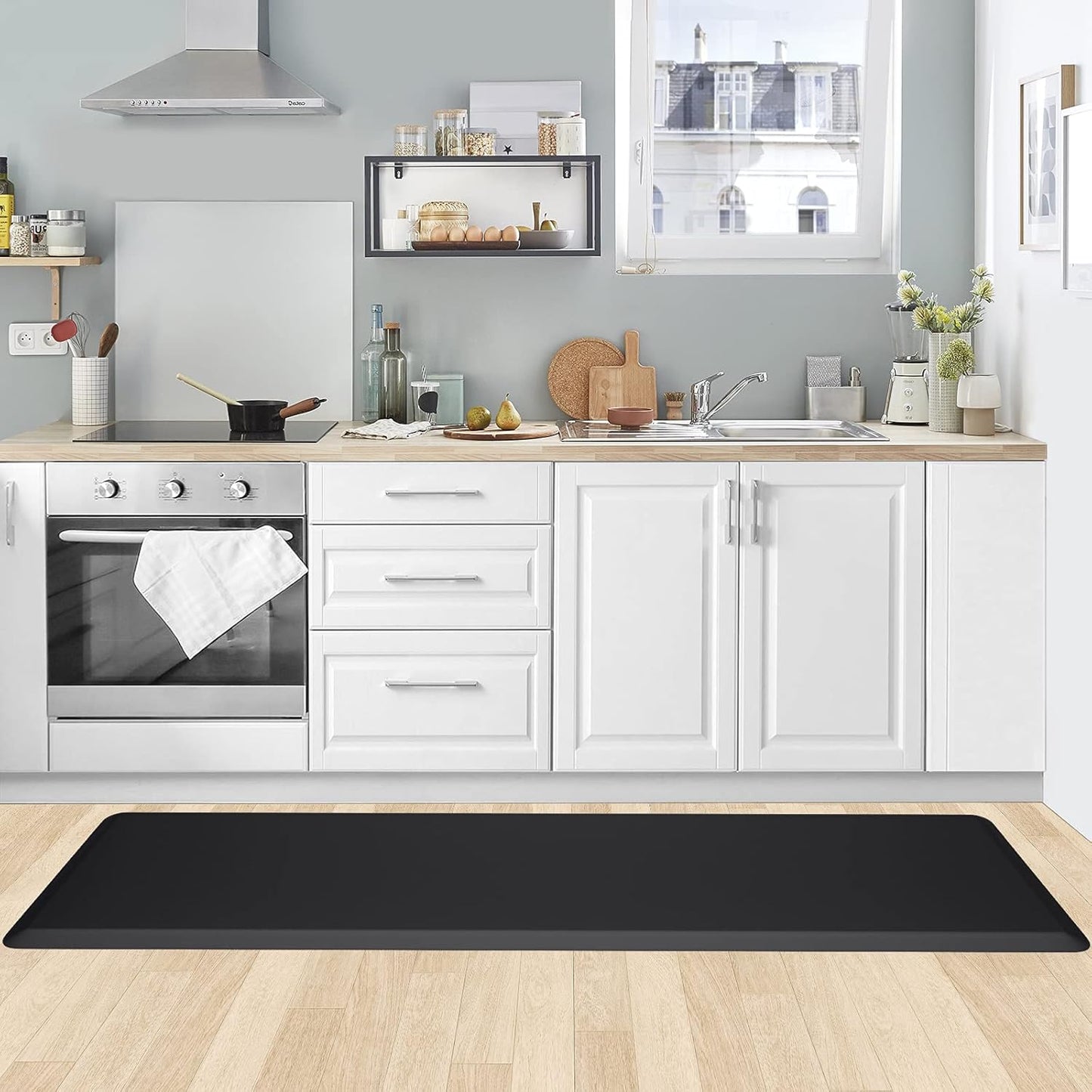 KitchenClouds Kitchen Mat Cushioned Anti Fatigue Rug 17.3"x28" Waterproof, Non Slip, Standing and Comfort Desk/Floor Mats for House Sink Office (Black)