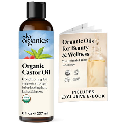 Sky Organics Organic Castor Oil, 100% Pure, Hexane Free, Cold-Pressed to Support Stronger, Fuller-Looking Hair, Eyelashes & Eyebrows,Good for Castor Packs, Navel Oiling, Carrier Oil Use, 16 fl oz